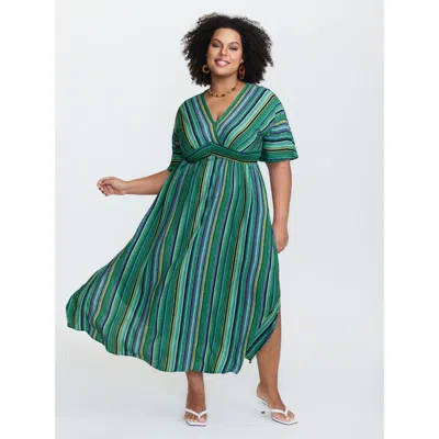 Bloomchic Women's Plus Size Striped Contrast Dolman Sleeve Shirred Pocket Split Flutter Dress Emerald Stripes  In Green