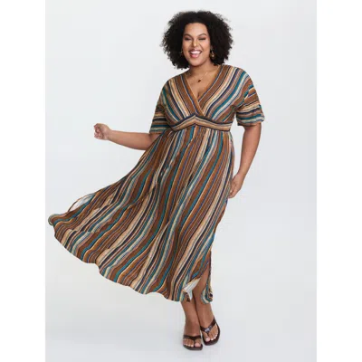 Bloomchic Women's Plus Size Striped Contrast Dolman Sleeve Shirred Pocket Split Flutter Dress Multicolor Strip