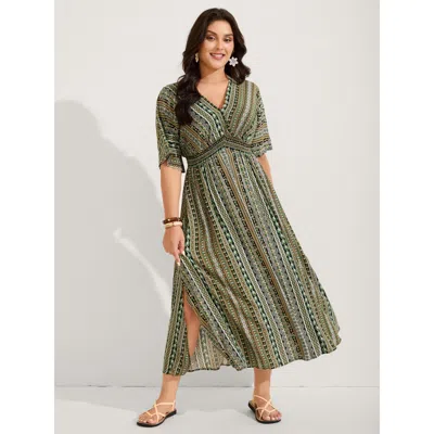 Bloomchic Women's Plus Size Striped Contrast Dolman Sleeve Shirred Pocket Split Flutter Dress Truegreen Stripe