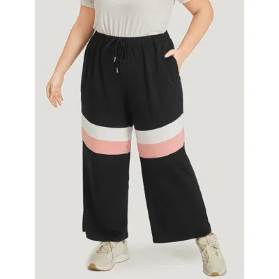 Bloomchic Women's Plus Size Striped Contrast Drawstring Pocket Elastic Waist Sweatpants Black Dailywear 12/l