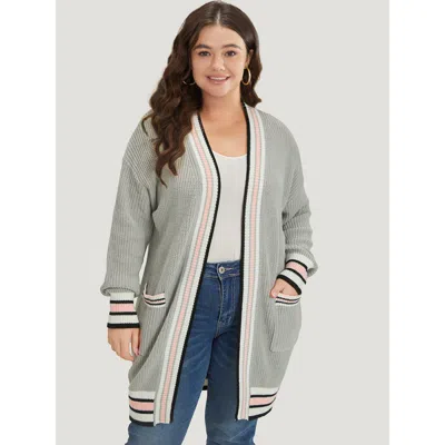 Bloomchic Women's Plus Size Striped Contrast Drop Shoulder Elastic Cuffs Cardigan Lightgray Long Sleeve 14-16/ In Gray