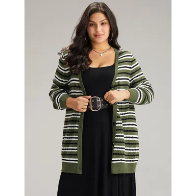 Bloomchic Women's Plus Size Striped Contrast Elastic Cuffs Button Through Cardigan Multicolor Long Sleeve 18-2
