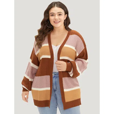 Bloomchic Women's Plus Size Striped Contrast Elastic Cuffs Cardigan Multicolor Long Sleeve 12/l