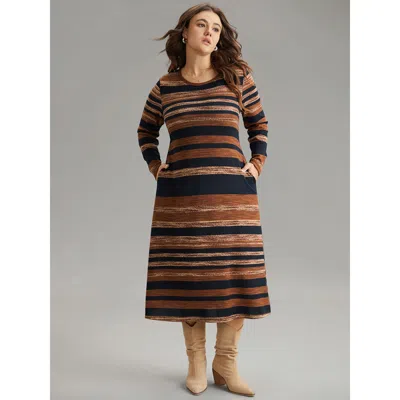 Bloomchic Women's Plus Size Striped Contrast Elastic Waist Crew Neck Knit Dress Darkbrown Dailywear Printed 22 In Brown
