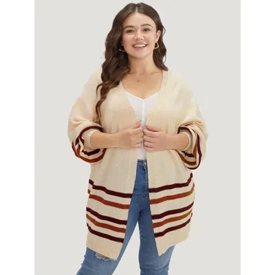 Bloomchic Women's Plus Size Striped Contrast Open Front Cardigan Apricot Long Sleeve 10/m In Orange