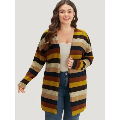 Bloomchic Women's Plus Size Striped Contrast Open Front Kimono Darkbrown Colorblock 10/m In Brown