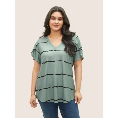 Bloomchic Women's Plus Size Striped Contrast Petal Sleeve T-shirt Mint Stripes Casual Short Sleeve V-neck 10/m In Green