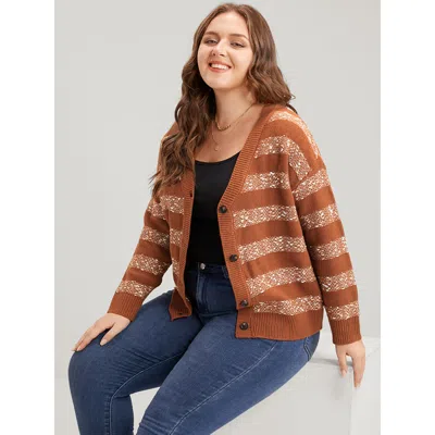 Bloomchic Women's Plus Size Striped Contrast Ping Pong Yarn Heather Button Front Cardigan Maroon Long Sleeve 1 In Burgundy