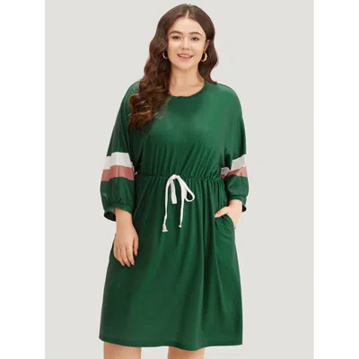 Bloomchic Women's Plus Size Striped Contrast Pocket Bowknot Patchwork Dress Darkgreen Dailywear Cross Straps 1 In Green