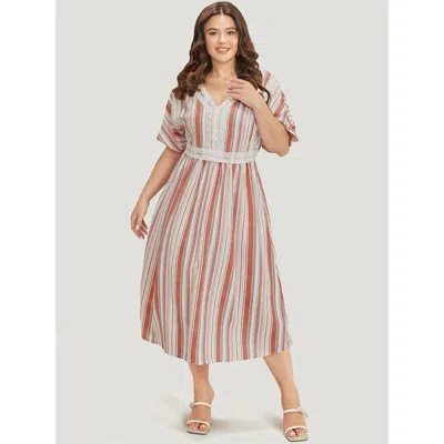 Bloomchic Women's Plus Size Striped Contrast Pocket Lace Batwing Sleeve Midi Dress Crepe Dailywear Patchwork 1