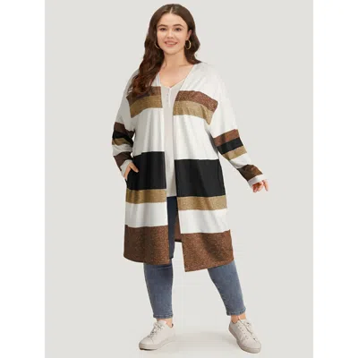 Bloomchic Women's Plus Size Striped Contrast Pocket Open Front Kimono Darkbrown Colorblock Pocket 12/l In Brown