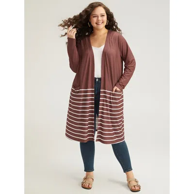 Bloomchic Women's Plus Size Striped Contrast Pocket Open Front Kimono Darkbrown Colorblock Pocket 14-16/1x In Brown
