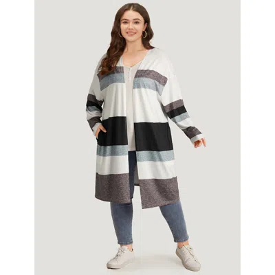 Bloomchic Women's Plus Size Striped Contrast Pocket Open Front Kimono Multicolor Colorblock Pocket 10/m