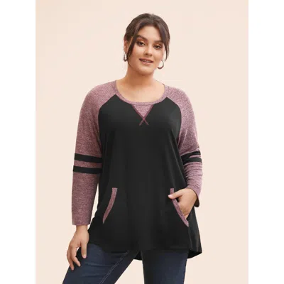 Bloomchic Women's Plus Size Striped Contrast Pocket Raglan Sleeve High Low Hem Sweatshirt Black Not Graphics C