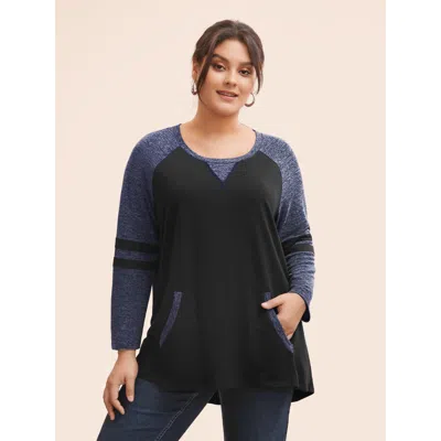 Bloomchic Women's Plus Size Striped Contrast Pocket Raglan Sleeve High Low Hem Sweatshirt Darkblue Not Graphic In Blue