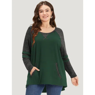 Bloomchic Women's Plus Size Striped Contrast Pocket Raglan Sleeve High Low Hem Sweatshirt Darkgreen Not Graphi In Green