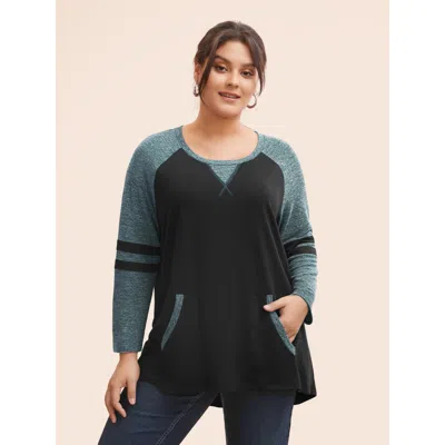 Bloomchic Women's Plus Size Striped Contrast Pocket Raglan Sleeve High Low Hem Sweatshirt Emerald Not Graphics In Green