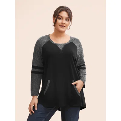 Bloomchic Women's Plus Size Striped Contrast Pocket Raglan Sleeve High Low Hem Sweatshirt Gray Not Graphics Ca