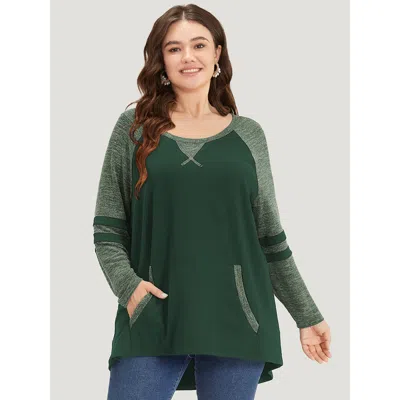 Bloomchic Women's Plus Size Striped Contrast Pocket Raglan Sleeve High Low Hem Sweatshirt Green Not Graphics C