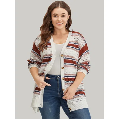 Bloomchic Women's Plus Size Striped Contrast Pointelle Knit Button Through Cardigan Multicolor Long Sleeve 22-
