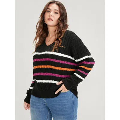 Bloomchic Women's Plus Size Striped Contrast Pointelle Knit Geometric Jacquard Knit Top Black Striped Long Sle