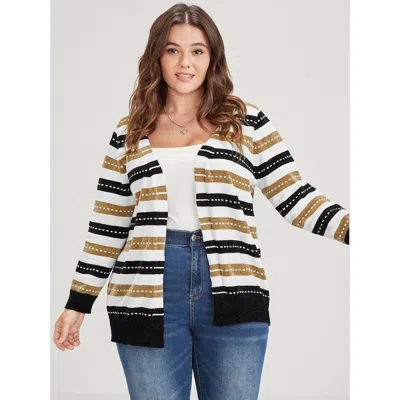 Bloomchic Women's Plus Size Striped Contrast Pointelle Knit Jacquard Open Front Cardigan Multicolor Long Sleev
