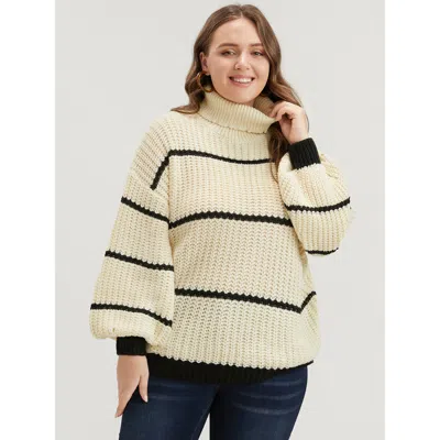 Bloomchic Women's Plus Size Striped Contrast Pointelle Knit Lantern Sleeve Funnel Neck Knit Top Beige Striped  In Sand