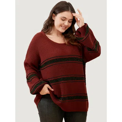 Bloomchic Women's Plus Size Striped Contrast Pointelle Knit Lantern Sleeve Round Neck Knit Top Scarlet Striped In Red