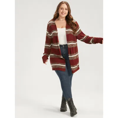 Bloomchic Women's Plus Size Striped Contrast Pointelle Knit Open Front Heather Cardigan Burgundy Long Sleeve 1