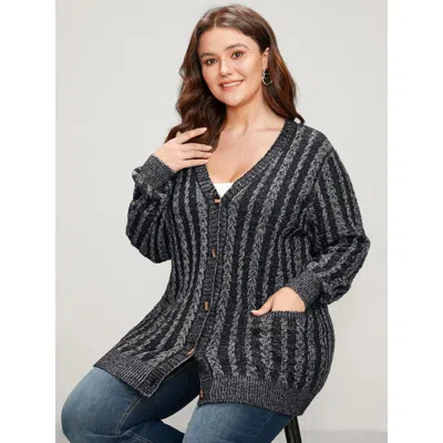 Bloomchic Women's Plus Size Striped Contrast Pointelle Knit Pocket Button Front Heather Cardigan Dimgray Long 