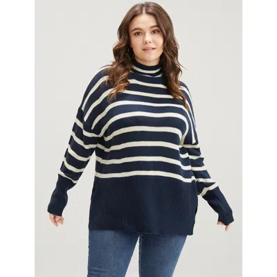 Bloomchic Women's Plus Size Striped Contrast Pointelle Knit Split Hem Mock Neck Knit Top Darkblue Striped Long In Blue