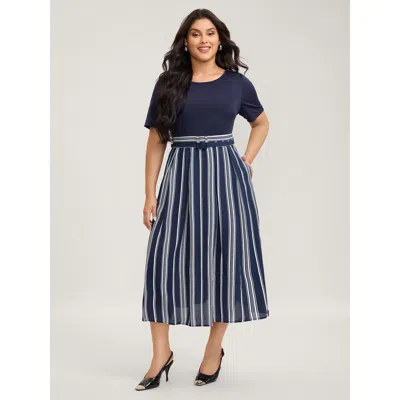 Bloomchic Women's Plus Size Striped Contrast Print Waist-cinched Midi Dress Darkblue Stripes Midi Office Patch In Blue