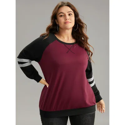 Bloomchic Women's Plus Size Striped Contrast Raglan Sleeve Stitch Sweatshirt Burgundy Striped Everyday 14-16/1