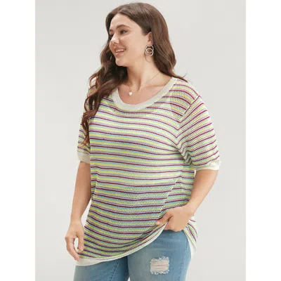 Bloomchic Women's Plus Size Striped Contrast Round Neck Knit Top Multicolor Striped Short Sleeve 12/l