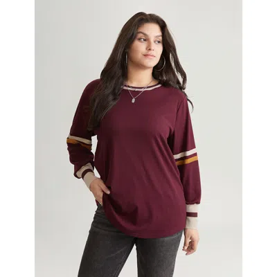 Bloomchic Women's Plus Size Striped Contrast Round Neck Rib Knit Sweatshirt Burgundy Striped Everyday 10/m