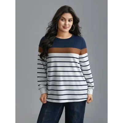 Bloomchic Women's Plus Size Striped Contrast Round Neck Sweatshirt Midnight Everyday 14-16/1x In Blue