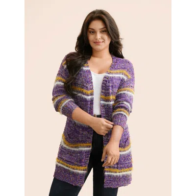 Bloomchic Women's Plus Size Striped Contrast Texture Fluffy Cardigan Deeppurplered Long Sleeve 26/4x