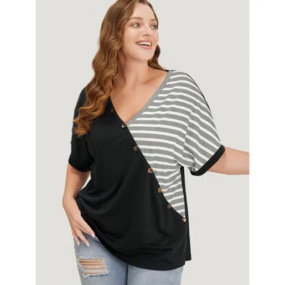 Bloomchic Women's Plus Size Striped Contrast Wrap Batwing Sleeve Patchwork T-shirt Gray Dailywear Short Sleeve