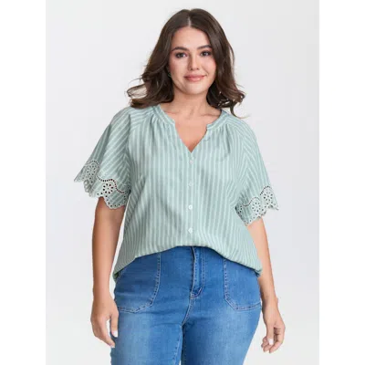 Bloomchic Women's Plus Size Striped Cut-out Embroidery Blouse Mint Stripes Casual Short Sleeve 10/m In Green