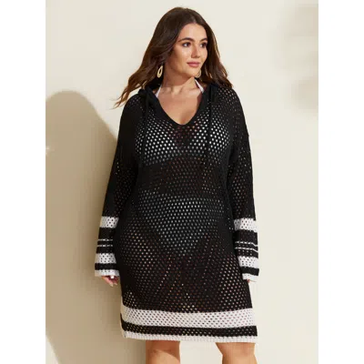 Bloomchic Women's Plus Size Striped Cut-out Hooded Swim Cover-up Black Long Sleeve 28/5x