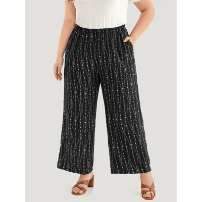 Bloomchic Women's Plus Size Striped Ditsy Floral Elastic Waist Pants Black High Rise Dailywear 14-16/1x