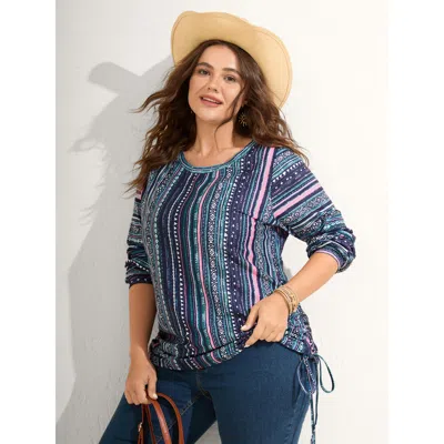 Bloomchic Women's Plus Size Striped Drawstring Color Contrast Sweatshirt Darkblue Vacation 10/m In Blue