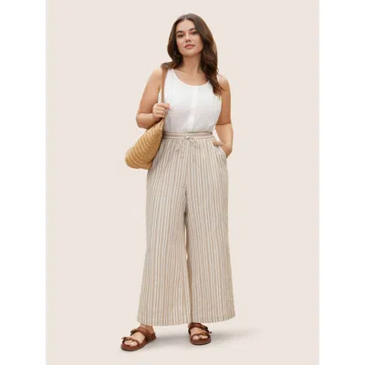 Bloomchic Women's Plus Size Striped Drawstring Mid Rise Wide Leg Pants Tan Stripes Wide Leg Mid Rise Vacation  In Brown