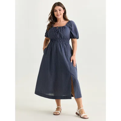 Bloomchic Women's Plus Size Striped Drawstring Neckline Split Hem Midi Dress Darkblue Maxi Casual Lace-up 10/m In Blue