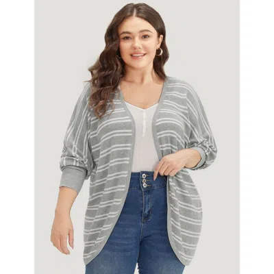 Bloomchic Women's Plus Size Striped Elastic Cuffs Arc Hem Cardigan Silver Long Sleeve 12/l
