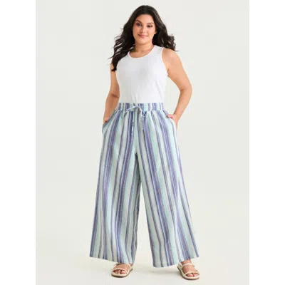 Bloomchic Women's Plus Size Striped Elastic Waist Wide Leg Pants Mediumblue Stripes Wide Leg Mid Rise Casual 1