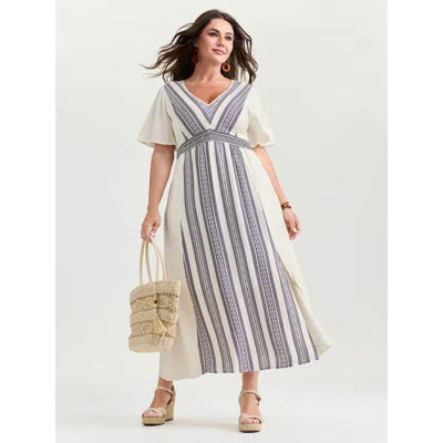 Bloomchic Women's Plus Size Striped Flared Sleeve V-neck Maxi Dress Ivory Bohemian Print Maxi Vacation Gathere In White
