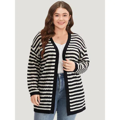 Bloomchic Women's Plus Size Striped Geo Eyelet Drop Shoulder Cardigan Black Long Sleeve 12/l