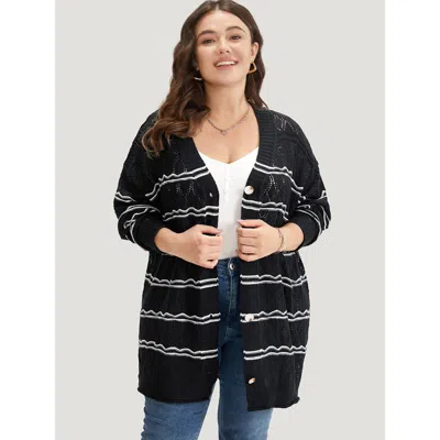 Bloomchic Women's Plus Size Striped Geometric Button Through Cardigan Black Long Sleeve 12/l