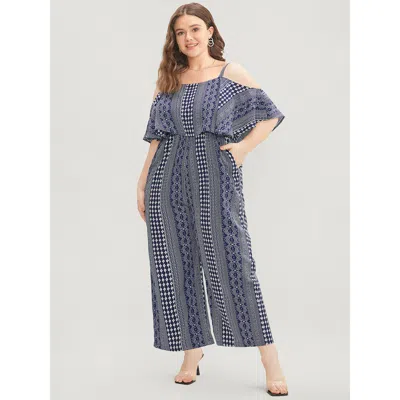 Bloomchic Women's Plus Size Striped Geometric Pocket Ruffles Cold Shoulder Jumpsuit Indigo Dailywear 30/6x In Purple
